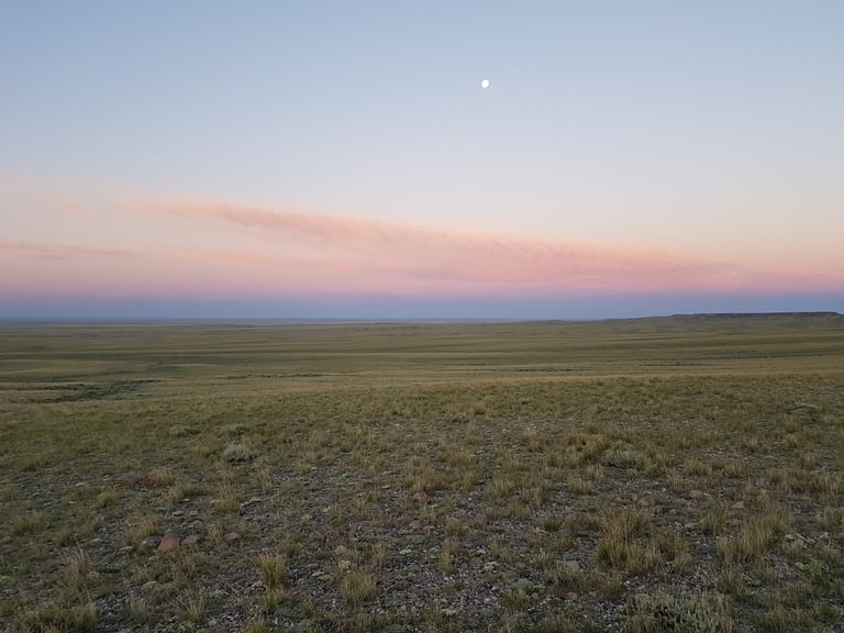 Dawn over the open grassland of Wyoming's Great Basin on the Tour Divide, with pink cloud and a pale moon.