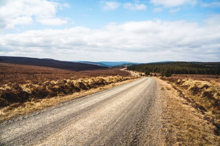 Gravel road winding across heather moorland on the Dirty Reiver 2019 route in Northumberland.