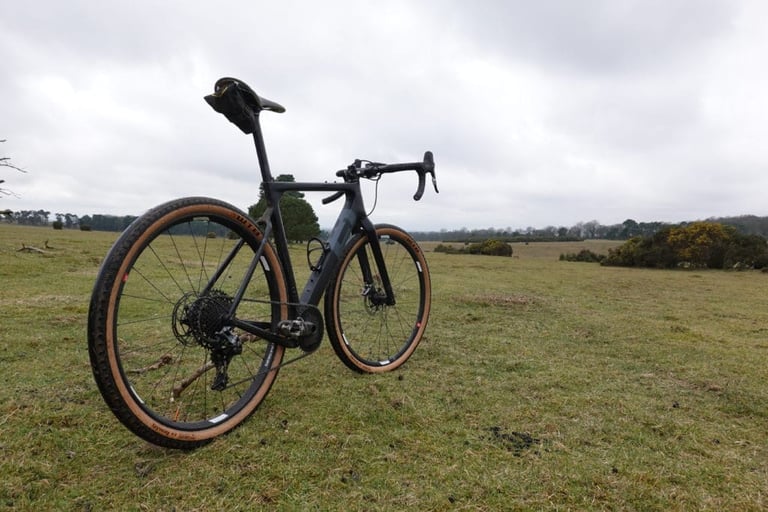 Rear three-quarter view of the 3T Exploro gravel bike standing on open grassland under an overcast sky.
