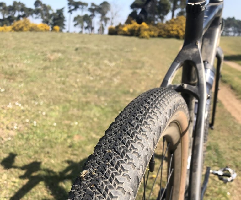 Teravail Cannonball 650b tyre with tan sidewall on a gravel bike's front wheel, seen from above on a grassy field.