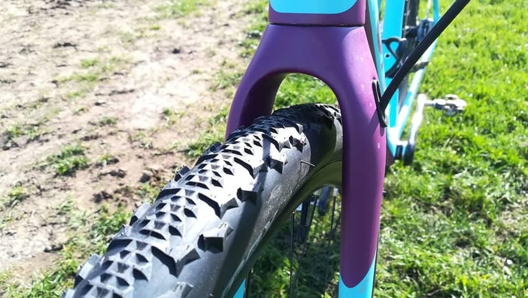 Ritchey Speedmax 700x40c tread viewed from the front through a purple and teal fork, on sunlit grass.