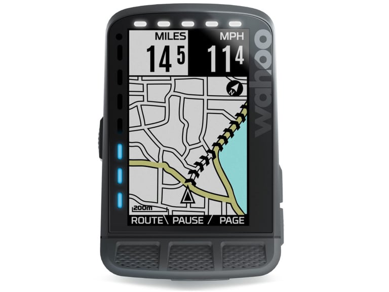 Wahoo ELEMNT ROAM on a white background, its 2.7-inch colour display showing a route map, speed and distance.