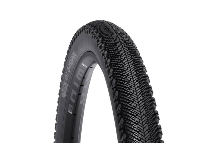 WTB Venture 700c x 50 tyre with black sidewall, three-quarter studio view on white.
