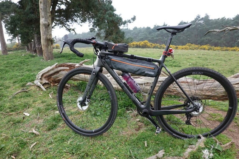 Bombtrack Hook EXT-C on 700c Hunt wheels with an Ortlieb frame bag and top-tube bag, parked by a fallen tree.