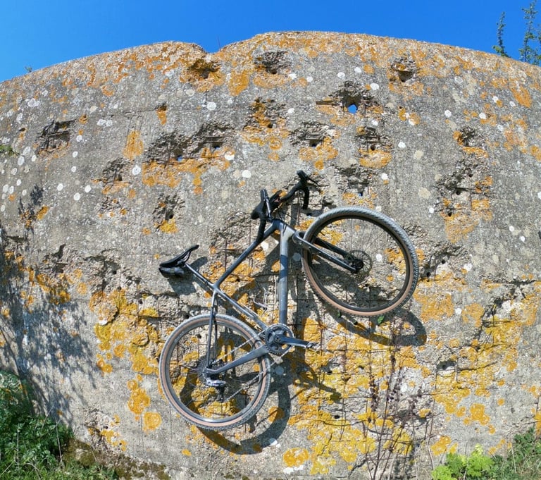 Bombtrack Hook EXT-C hung on a lichen-covered concrete wall in a wide-angle shot.