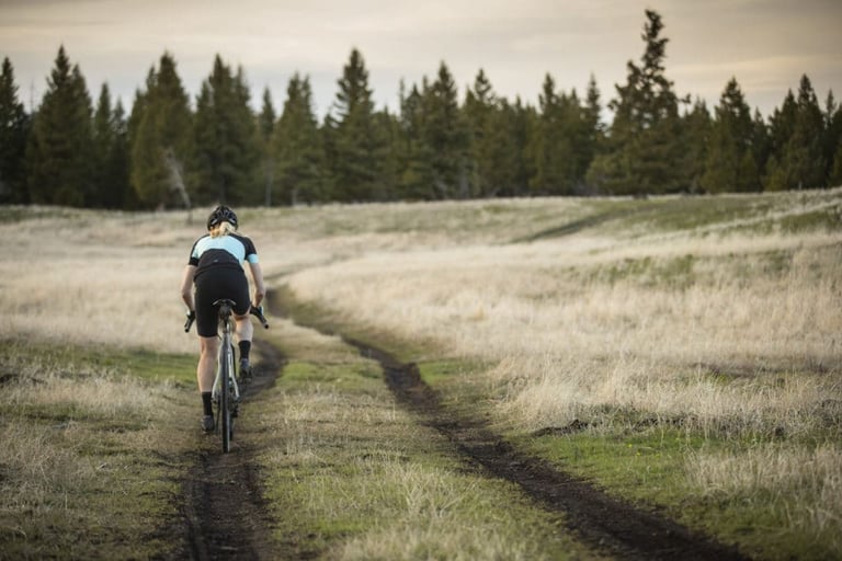 Rider on a gravel bike seen from behind, heading along a grassy double-track beside pine trees, a Shimano GRX launch shot.