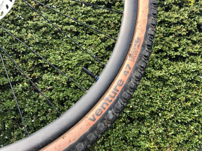 Tanwall sidewall of the WTB Venture 47 Road Plus TCS tyre on a black rim, against a hedge.