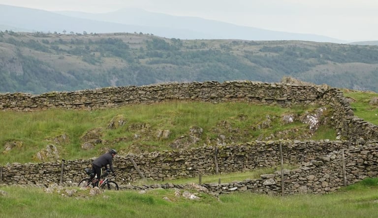 A lone rider on The Distance picks a way between tangled drystone walls on a Lake District hillside, fells behind.