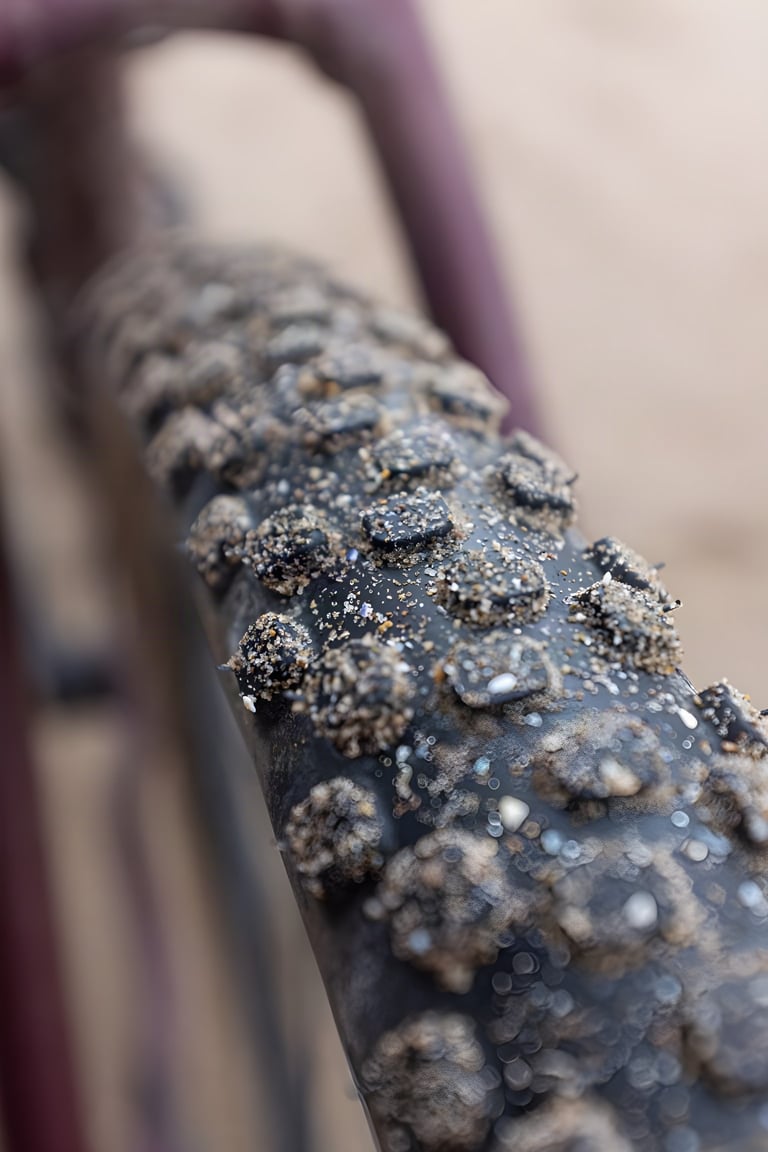 Close-up of Pumpkin Ridge tread knobs coated in dry sand, illustrating the tyre's grip in soft sand.