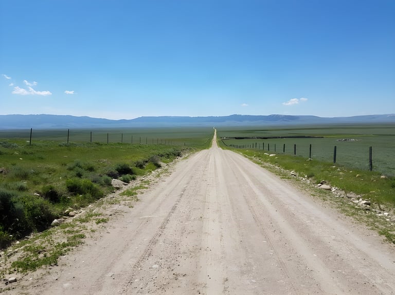 Straight unpaved road runs through open grassland towards distant hills on the Tour Divide route.