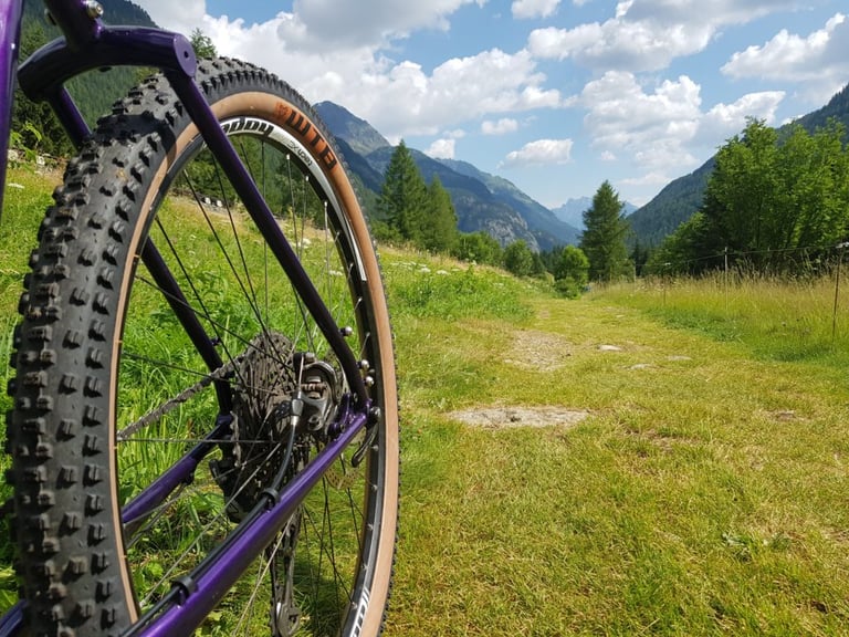 Rear wheel and purple stays of the Velo Orange Piolet with a WTB tyre on a grassy Alpine track.