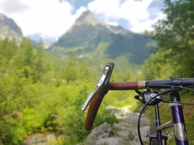Velo Orange Piolet head badge below brown perforated bar tape, with a mountain peak behind.