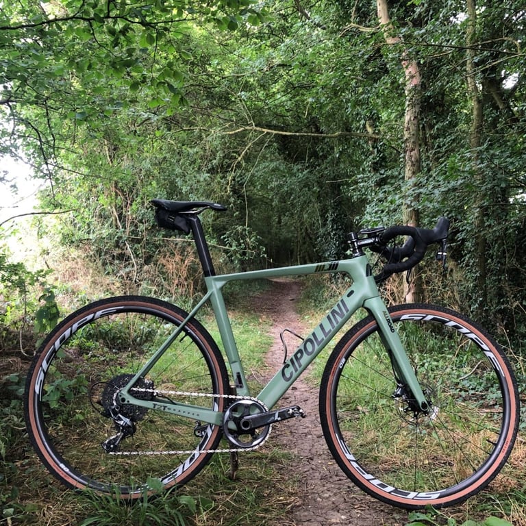 Green Cipollini MCM All Road with SRAM Force 1x on a narrow woodland trail under overhanging trees.