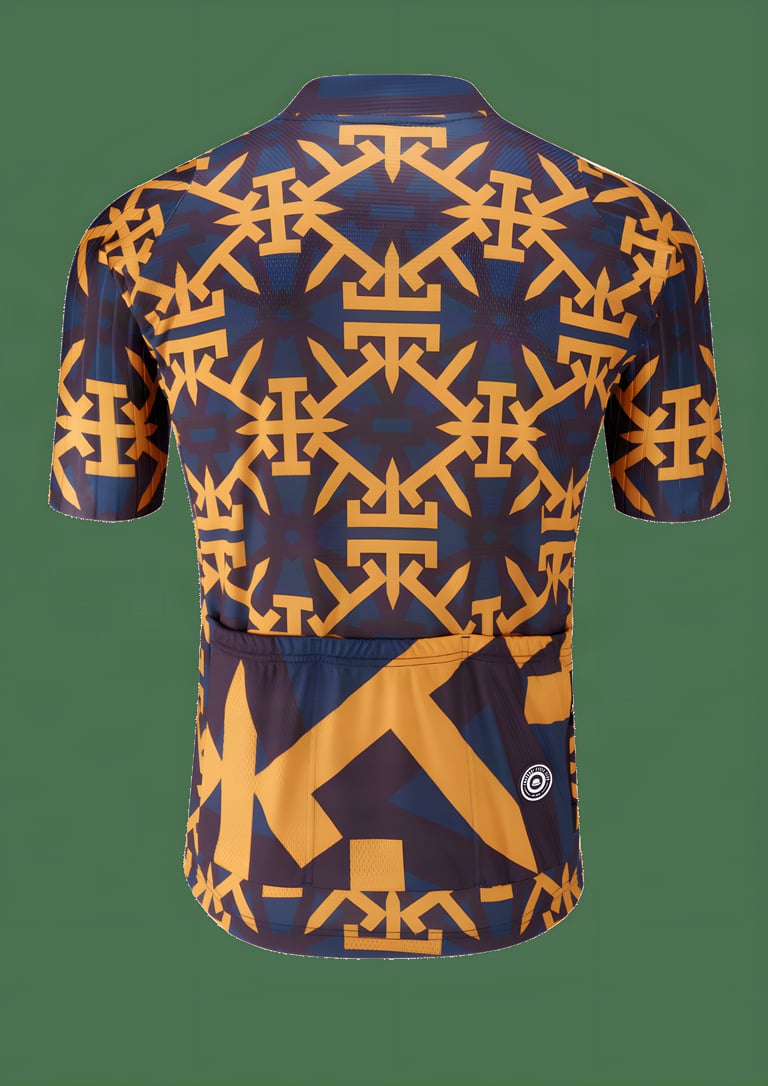 Rear view of the Chapeau summer jersey, its orange and navy dazzle-style pattern repeated across the back.