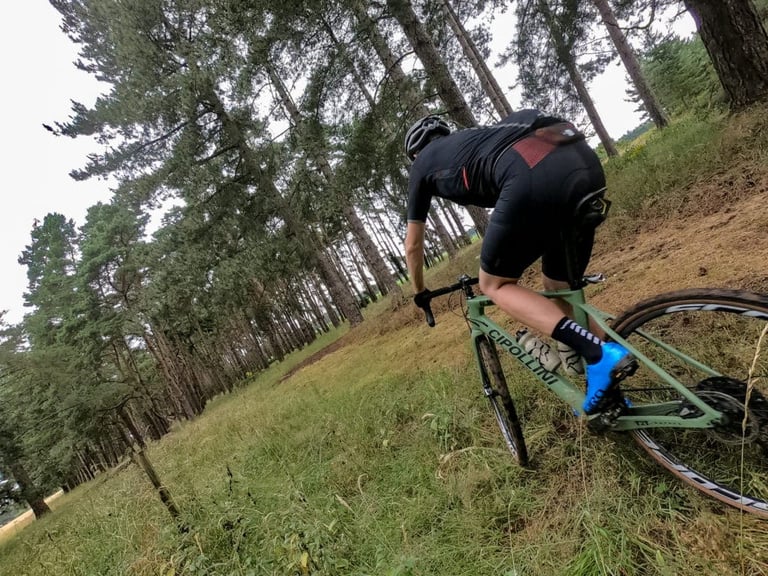 Rider in PEdALED Odyssey kit climbs a grassy bank between pine trees on a sage-green Cipollini gravel bike.