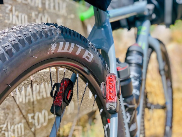 WTB Riddler 2.4 tyre on the OPEN WI.DE, with two red rear lights clipped to the seat stay and spokes.