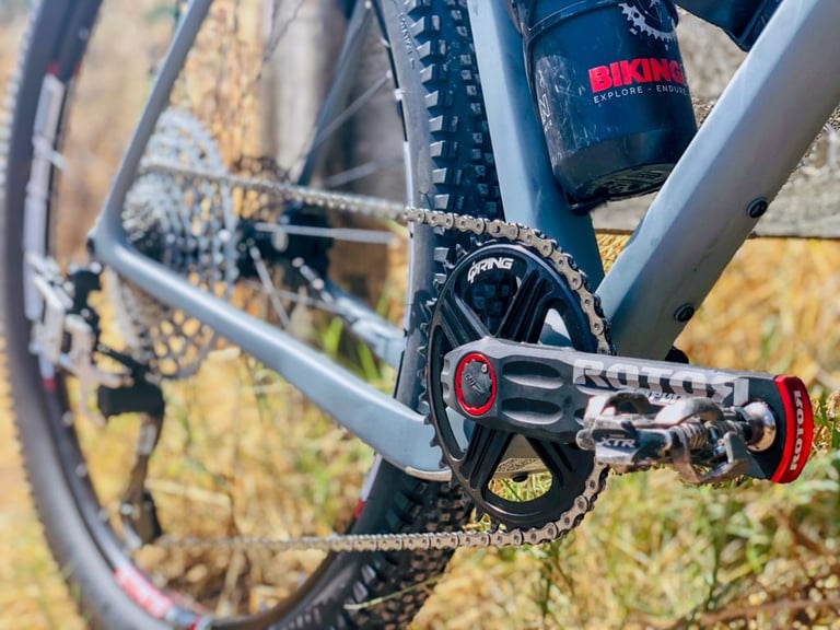 Close-up of the ROTOR 2inPower crank and Q-Ring chainring on Axel Carion's OPEN WI.DE, with a BikingMan bottle.
