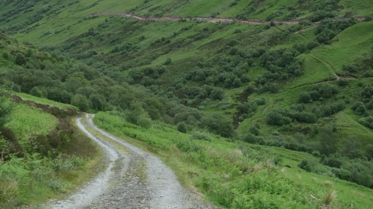 Gravel track winds down a green glen in Argyll, typical of the Dunoon Dirt Dash route.