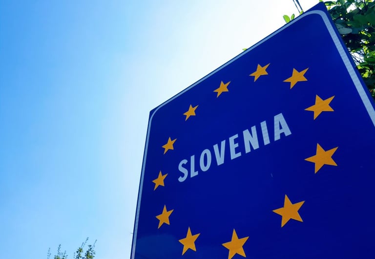 Road sign reading Slovenia at the Italian border, where the beerpacking trip crossed into the country.