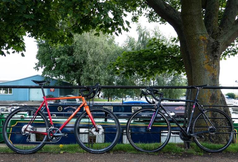 All City Zig Zag and Mr Pink side by side on a riverside railing, the disc-brake Zig Zag on the left.