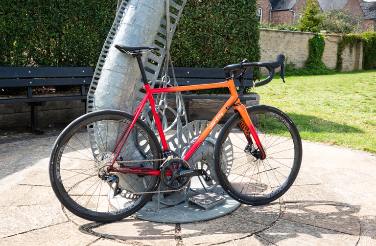 All City Zig Zag in sunshine, side view with Shimano Ultegra cranks and Halo wheels, propped by a park bench.