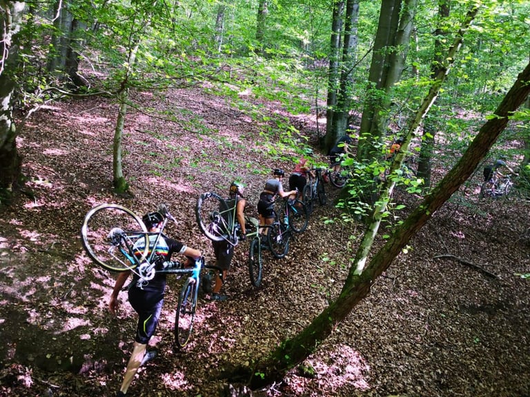 Groundwork riders carry their bikes up a steep leafy slope in a beech forest.