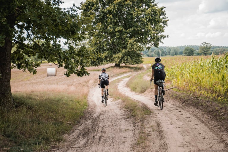 Two riders on gravel bikes follow a sandy track between a hay field and maize on the return ride to Berlin.