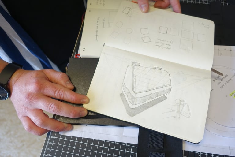 Pencil sketch of a bag drawn in perspective in a Straight Cut design notebook, beside paper pattern templates.