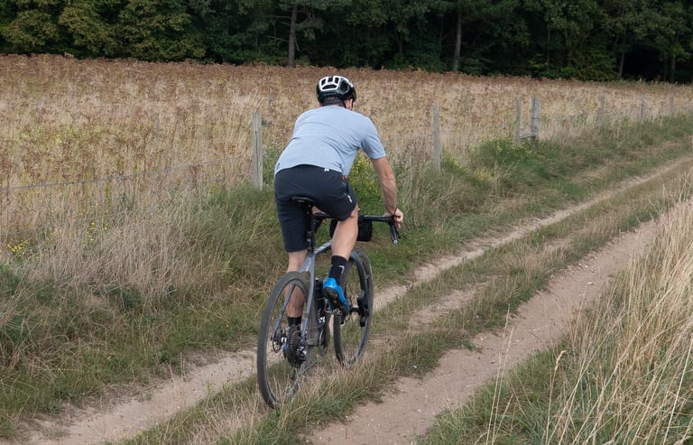 Seen from behind, the Ignite shorts on a rider following a grassy double-track beside a fenced field on a gravel bike.
