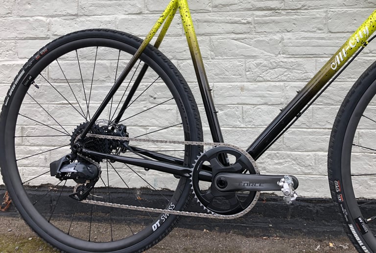 SRAM Force AXS rear derailleur, 12-speed cassette and single-ring crankset on the All-City Macho King build.