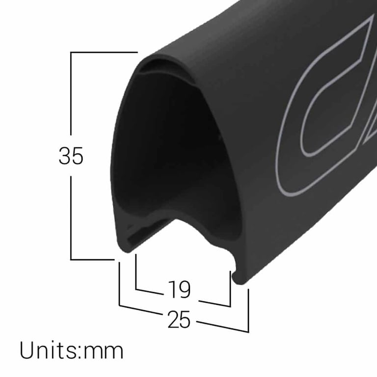 Cross-section of the Halo Carbaura 35mm carbon rim: 35mm deep, 25mm external width and 19mm internal width.