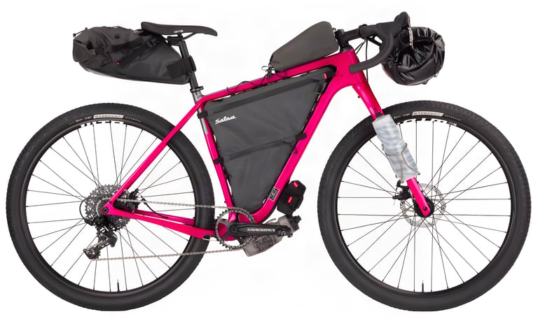 Pink Salsa Cutthroat 2020 loaded with seat pack, frame bag and bar roll, set up for Tour Divide racing.