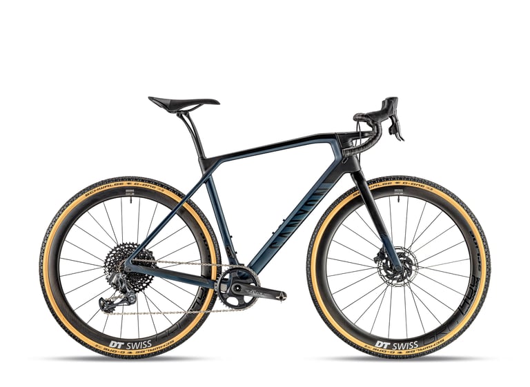 Canyon Grail CF SLX 8.0 ETAP in dark blue with SRAM 1x eTap drivetrain and carbon wheels, side view.