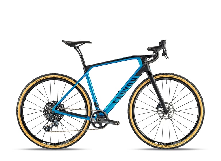 Canyon Grail CF SL 8 ETAP in metallic blue with SRAM Force 1x eTap AXS and Schwalbe G-One tyres, side view.