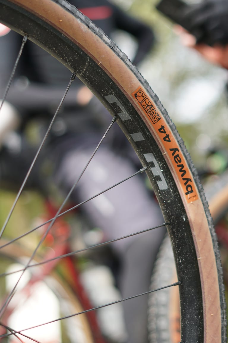 Close-up of a WTB Byway 700x44 tan-wall gravel tyre and rim, one of the tyres tested on the Wildcat 100 route.