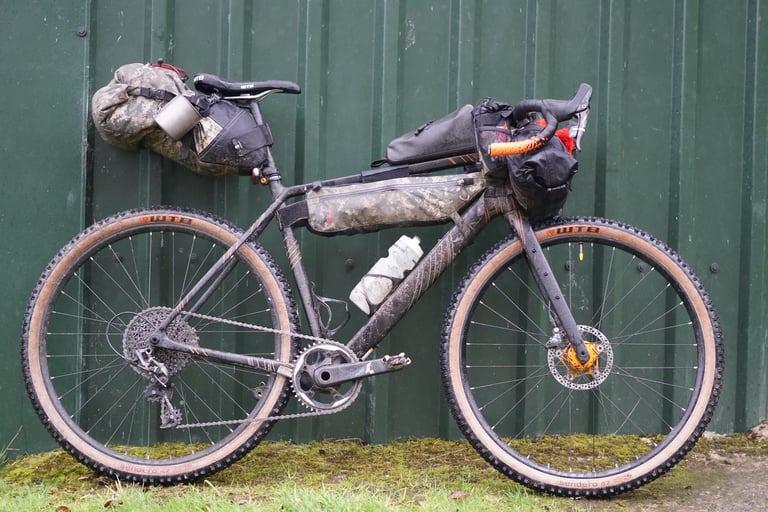 Loaded Salsa Warroad on WTB Sendero 650x47 tyres with frame, saddle and bar bags, ready for bikepacking.