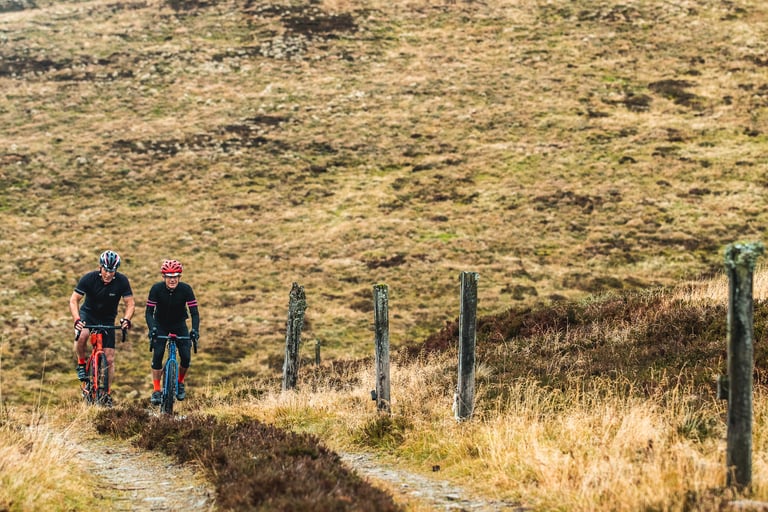 Two riders on gravel bikes, one orange and one blue, climb a stony track past old fence posts on open moorland.