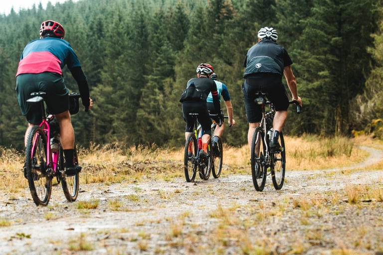 Three riders seen from behind roll along a wet forest track on Salsa gravel bikes, one of them hot pink.