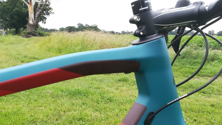 Close-up of the Wilier Jena's kinked top tube and head tube with internal cable routing and Ritchey stem.