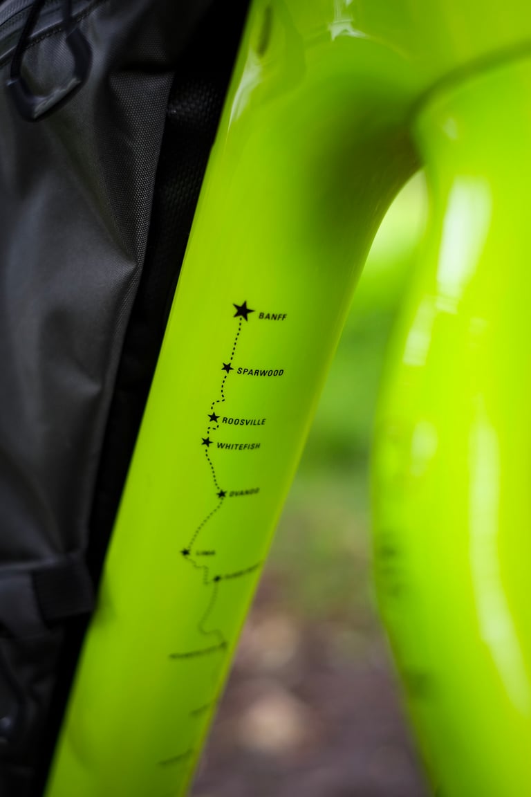 Tour Divide route map from Banff southwards printed on the lime green downtube of the Salsa Cutthroat.