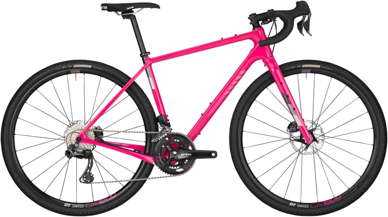 Salsa Warbird GRX 810 Di2 in Atomic Pink, side view, with WTB saddle and DT Swiss CR1600 wheels.