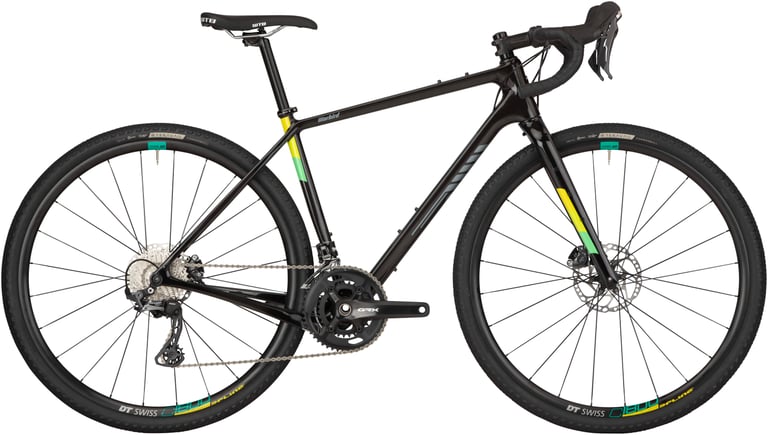 Salsa Warbird GRX 810 in black with green and yellow decals, side view, with mechanical Shimano GRX groupset.