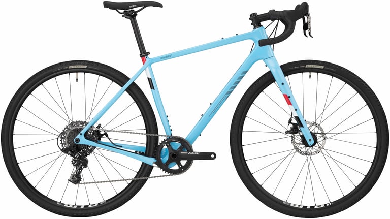 Salsa Warbird Apex 1 in light blue, side view, with single chainring SRAM Apex drivetrain.