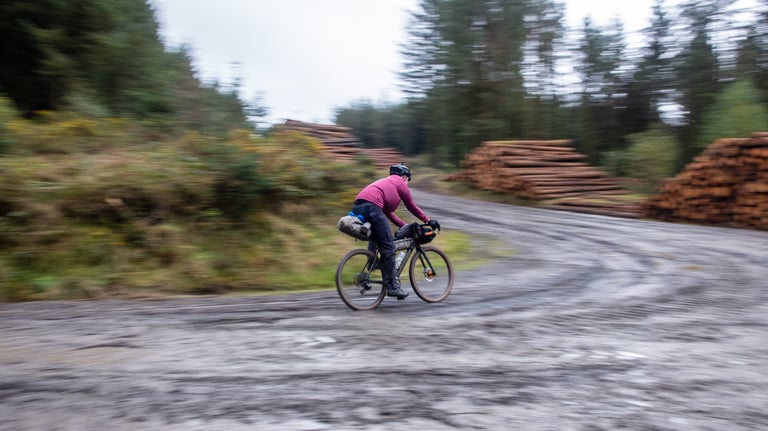 Rider on a loaded Salsa Warroad with bikepacking bags speeds along a wet forestry track past stacked logs.