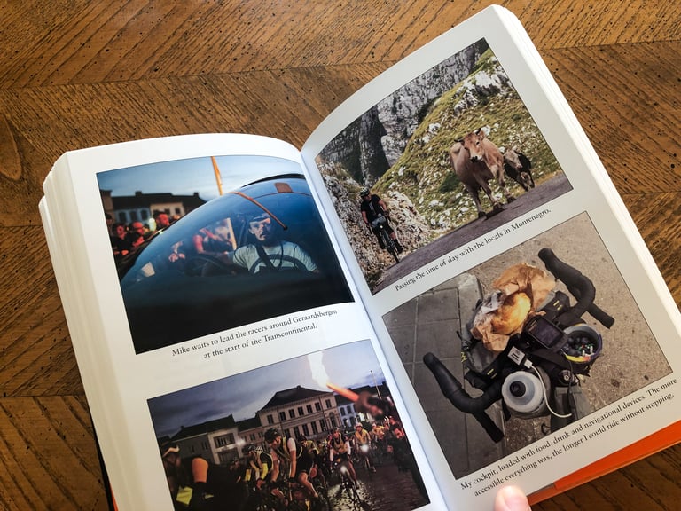 Photo pages inside Where There's a Will showing Transcontinental Race scenes, including a loaded bike cockpit.