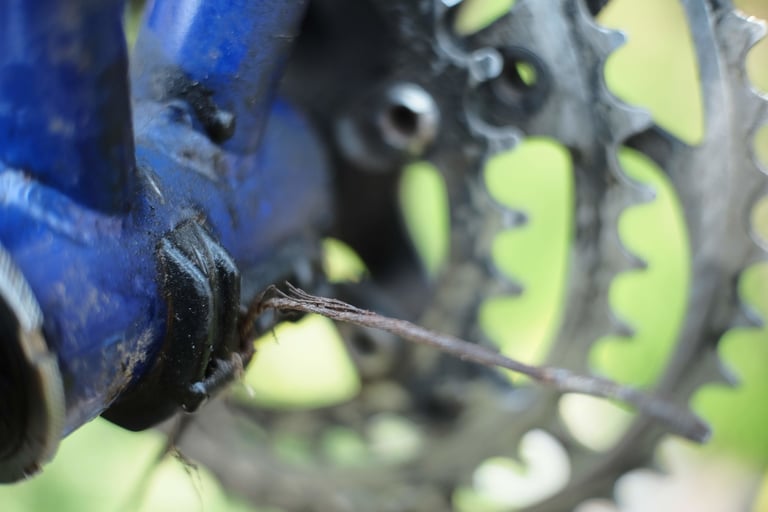 Frayed, rusty gear cable poking out near the bottom bracket of an old blue MTB, in front of the chainring.