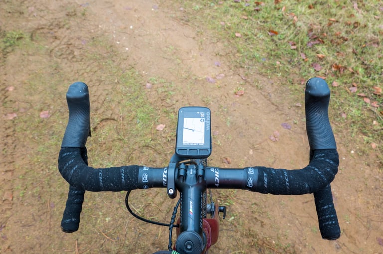 Top-down view of the flared Ritchey Butano bars, Wahoo ELEMNT Roam and SRAM hoods on the Cervelo Aspero.