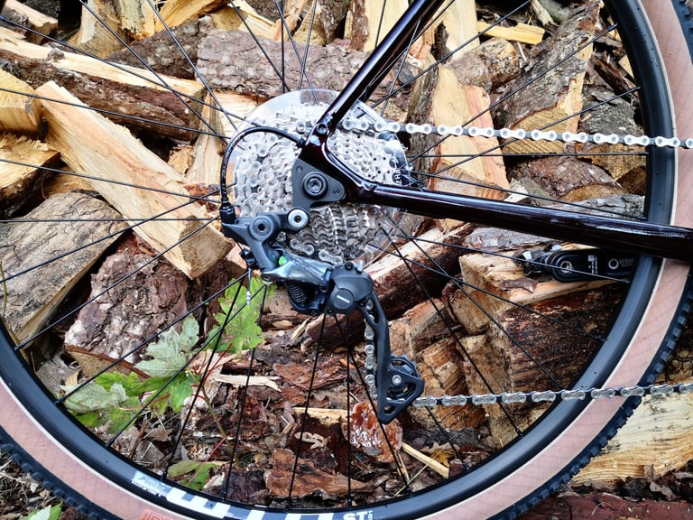 Shimano Ultegra RX800 clutch rear derailleur and cassette on the Pinnacle Arkose D3, seen from the drive side.