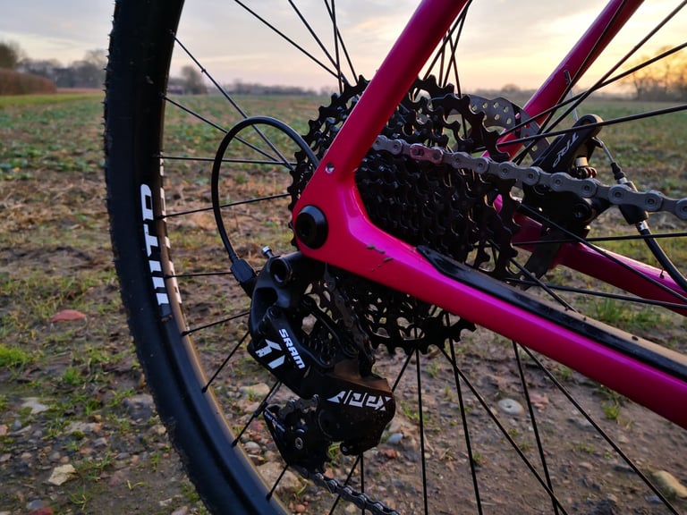 SRAM Apex 1 rear mech and cassette on the pink Salsa Cutthroat, with a field and low sun behind the wheel.