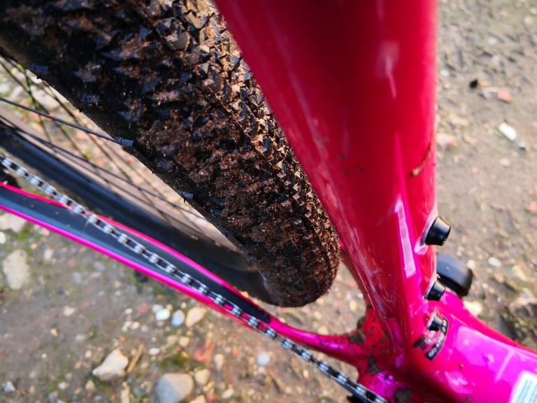 Rear Teravail Sparwood tyre beside the chainstay and seat tube of the Salsa Cutthroat, showing mud clearance.